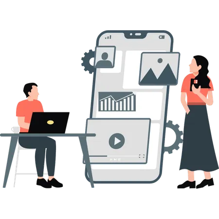 Girl looking at mobile marketing strategy  Illustration