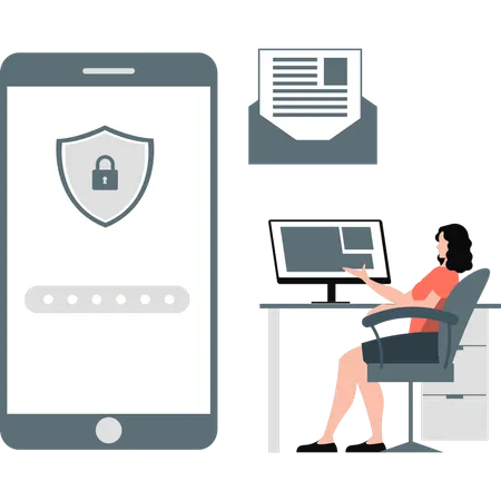 Girl looking at mobile safety lock  Illustration