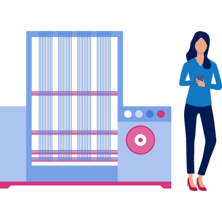 Girl looking at mobile standing next to industrial printing machine  Illustration