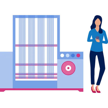 Girl looking at mobile standing next to industrial printing machine  Illustration