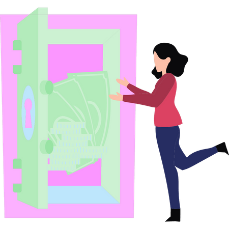 Girl  looking at  money in  locker  Illustration