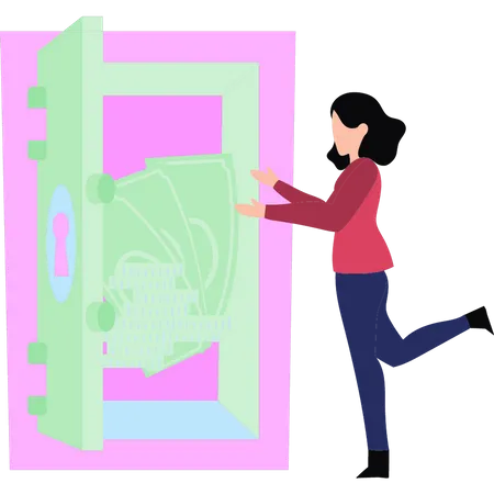 The Girl Is Looking At The Money In The Locker Illustration