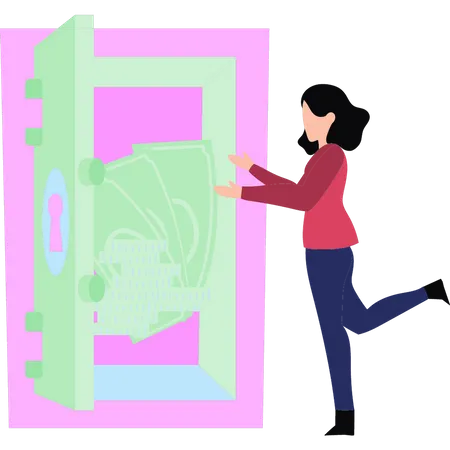 Girl  looking at  money in  locker  Illustration