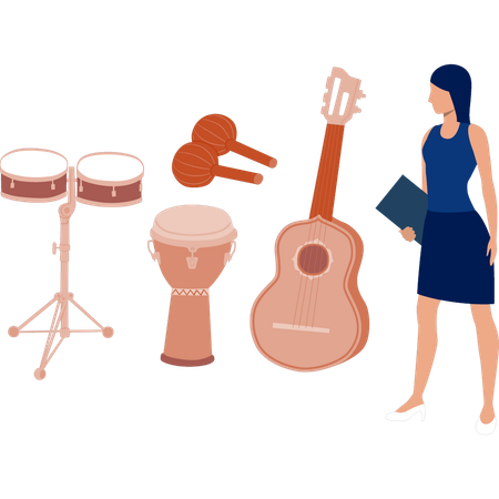 Girl looking at musical instruments  Illustration