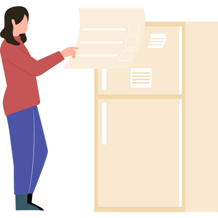 Girl looking at notices on fridge  Illustration