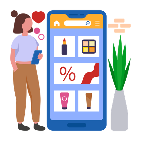 Girl looking at Online Cosmetics Store  Illustration