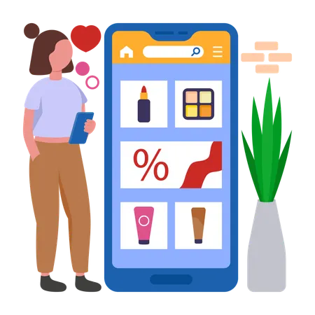 Girl looking at Online Cosmetics Store  Illustration