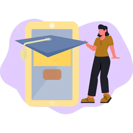 Girl looking at online graduation cap  Illustration