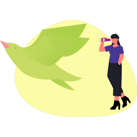 Girl looking at paper parrot  Illustration