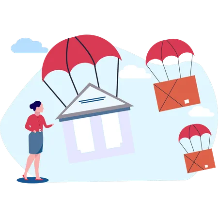 Girl Looking At Parachute House  Illustration