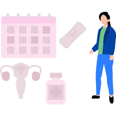 A Girl Is Looking At Her Period On A Calendar Illustration