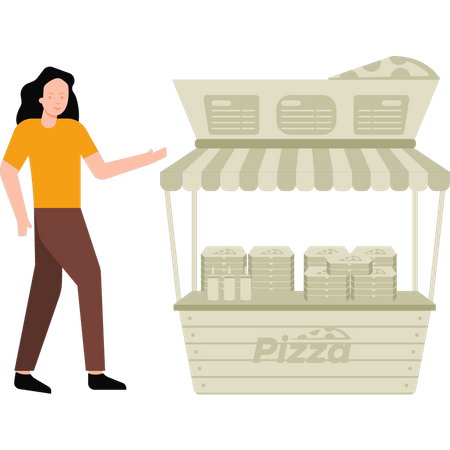 Girl looking at pizza stall Illustration