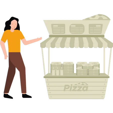 Girl looking at pizza stall Illustration