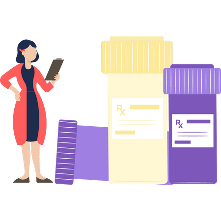 Girl looking at prescription for RX medicine  イラスト