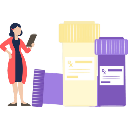 Girl looking at prescription for RX medicine  Illustration