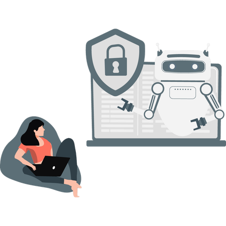 Girl looking at robot and safety lock on laptop  Illustration