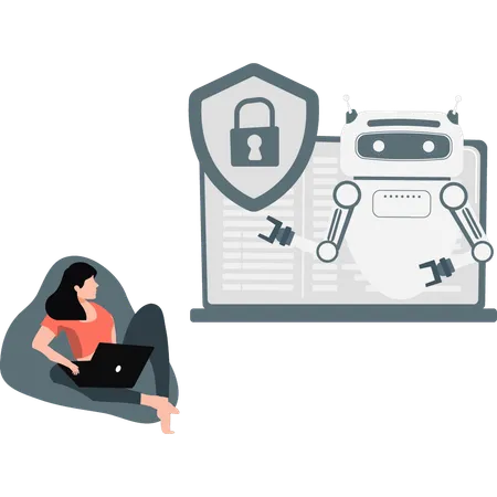 Girl looking at robot and safety lock on laptop  Illustration