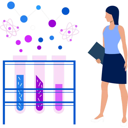 Girl looking at samples in test tube  Illustration