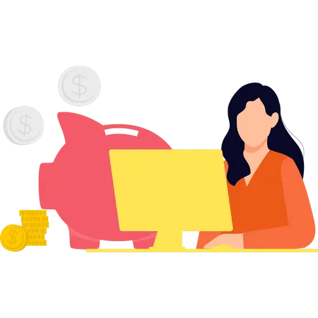 Girl looking at saving on monitor  Illustration