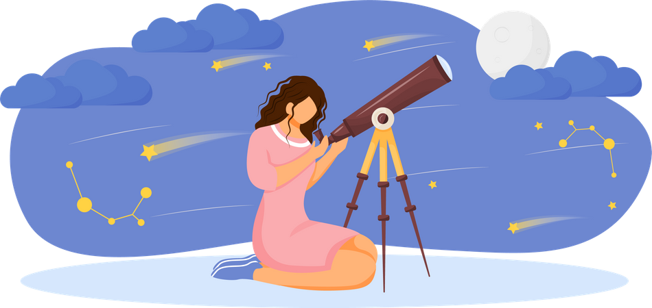 Girl looking at stars and moon with telescope  Illustration