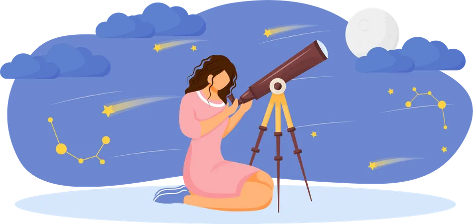 Girl looking at stars and moon with telescope  Illustration