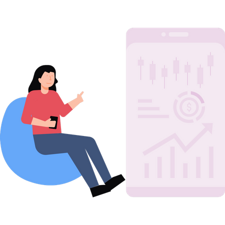 Girl looking at stock market graph on mobile Illustration