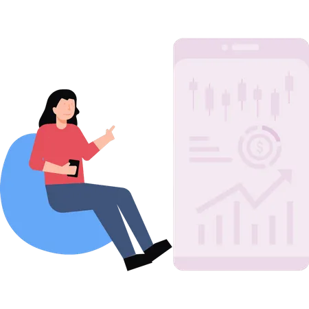 Girl looking at stock market graph on mobile  Illustration