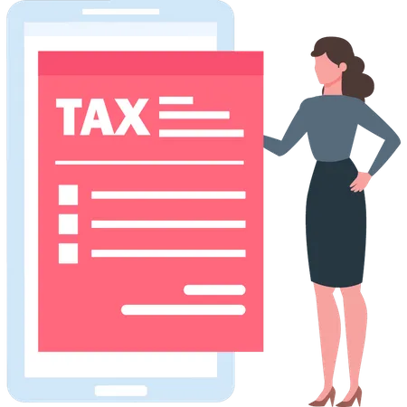 Girl looking at tax document on mobile  Illustration