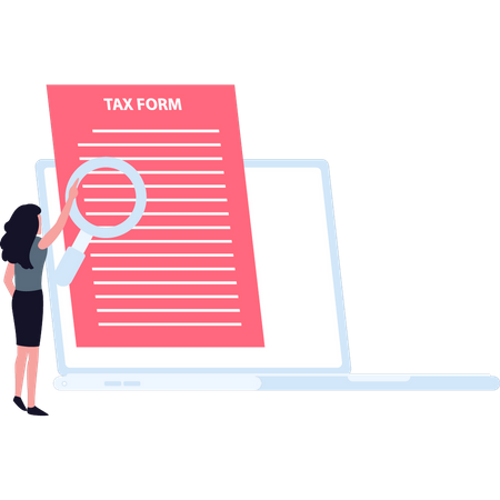 Girl looking at tax form with magnifier  Illustration