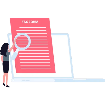 Girl looking at tax form with magnifier  Illustration