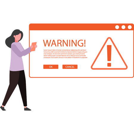 Girl looking at web page warning  Illustration
