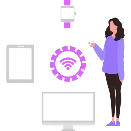 Girl Looking At Wi Fi Devices Illustration
