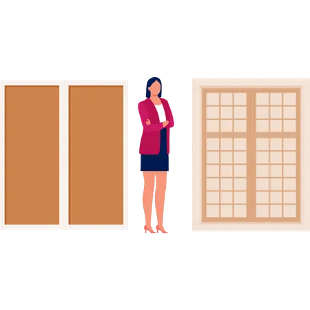 Girl looking at window building exterior  Illustration