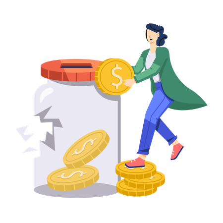 Girl looking broken money jar while Lost Savings  Illustration