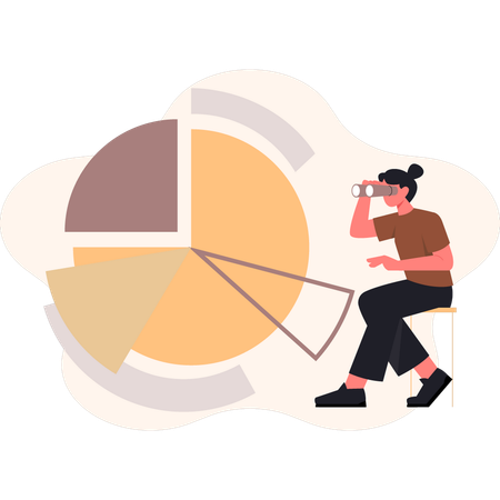 Girl looking business pie chart with spyglass  Illustration