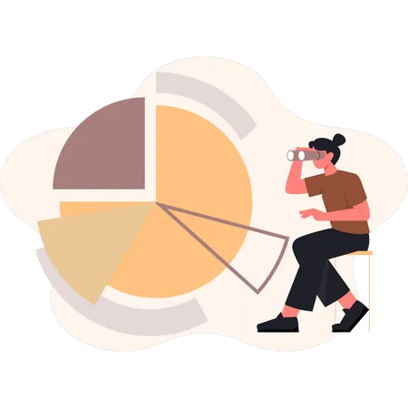 Girl looking business pie chart with spyglass  Illustration