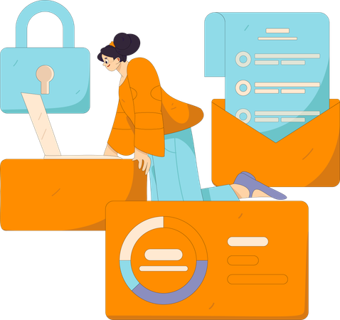 Girl looking Data Security on laptop  Illustration