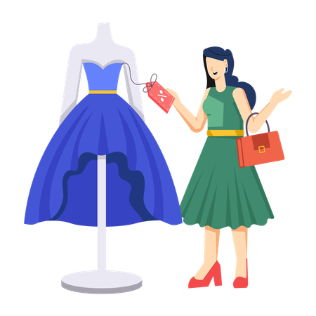 Girl looking dress at clothing discount  Illustration