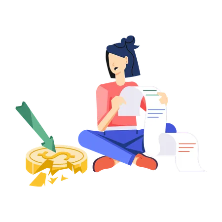 Girl looking financial bill while suffering Money Crisis  Illustration