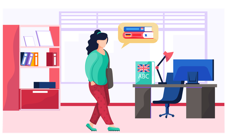 Girl looking for a book inside office workspace  Illustration