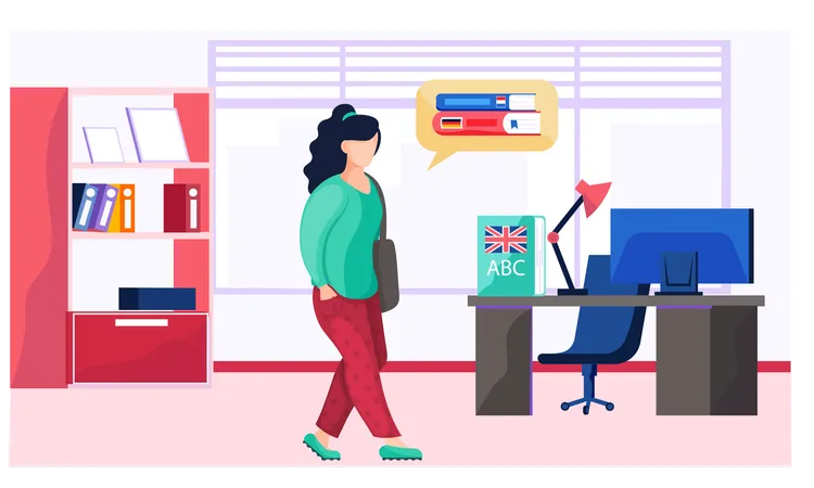 Girl looking for a book inside office workspace  Illustration