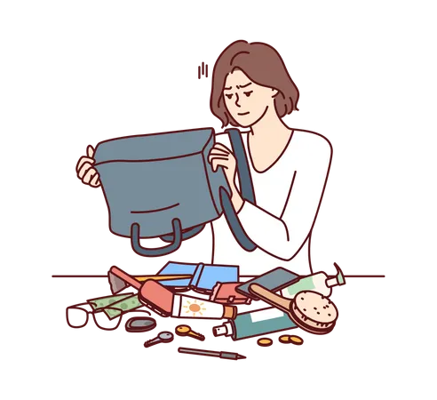 Girl looking for cash while emptying purse Illustration