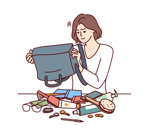 Girl looking for cash while emptying purse  Illustration