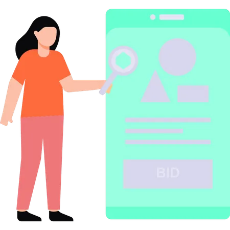 Girl looking for cryptocurrency in online bidding  Illustration