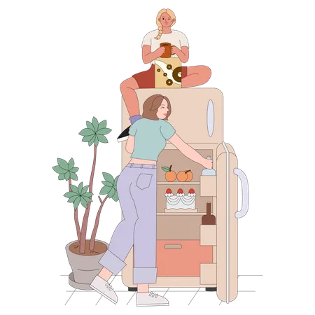 Girl looking for food in refrigerator  Illustration