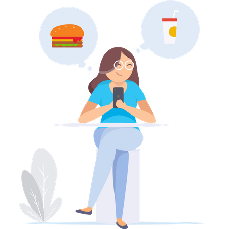 Girl Looking for food in smartphone  イラスト