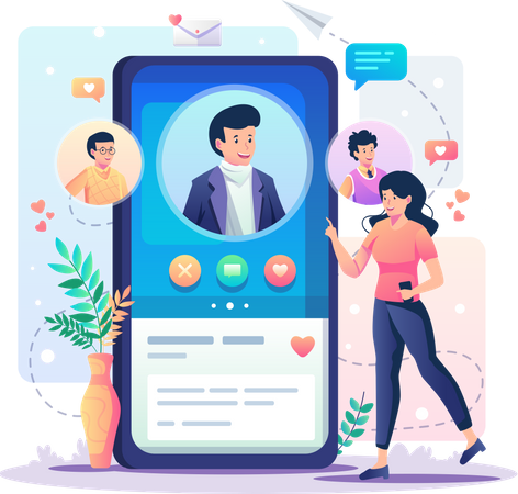 Girl looking for partner on online dating app  イラスト