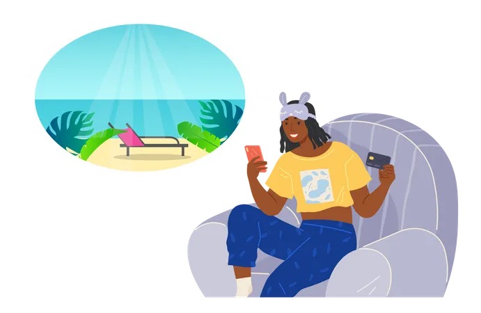 Tourist Chooses Place To Travel On Phone Screen Happy Cartoon Traveler Searching For Country In Mobile Application Summer Vacation And Recreation Concept Girl Looking For Resort On Travel Website Illustration