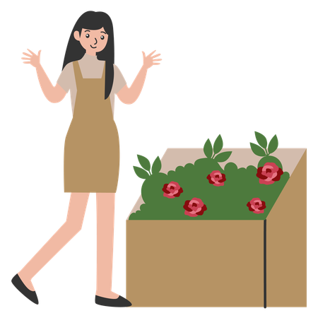 Girl looking Garden delights flowers shop  Illustration