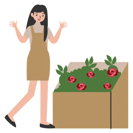 Girl looking Garden delights flowers shop  Illustration